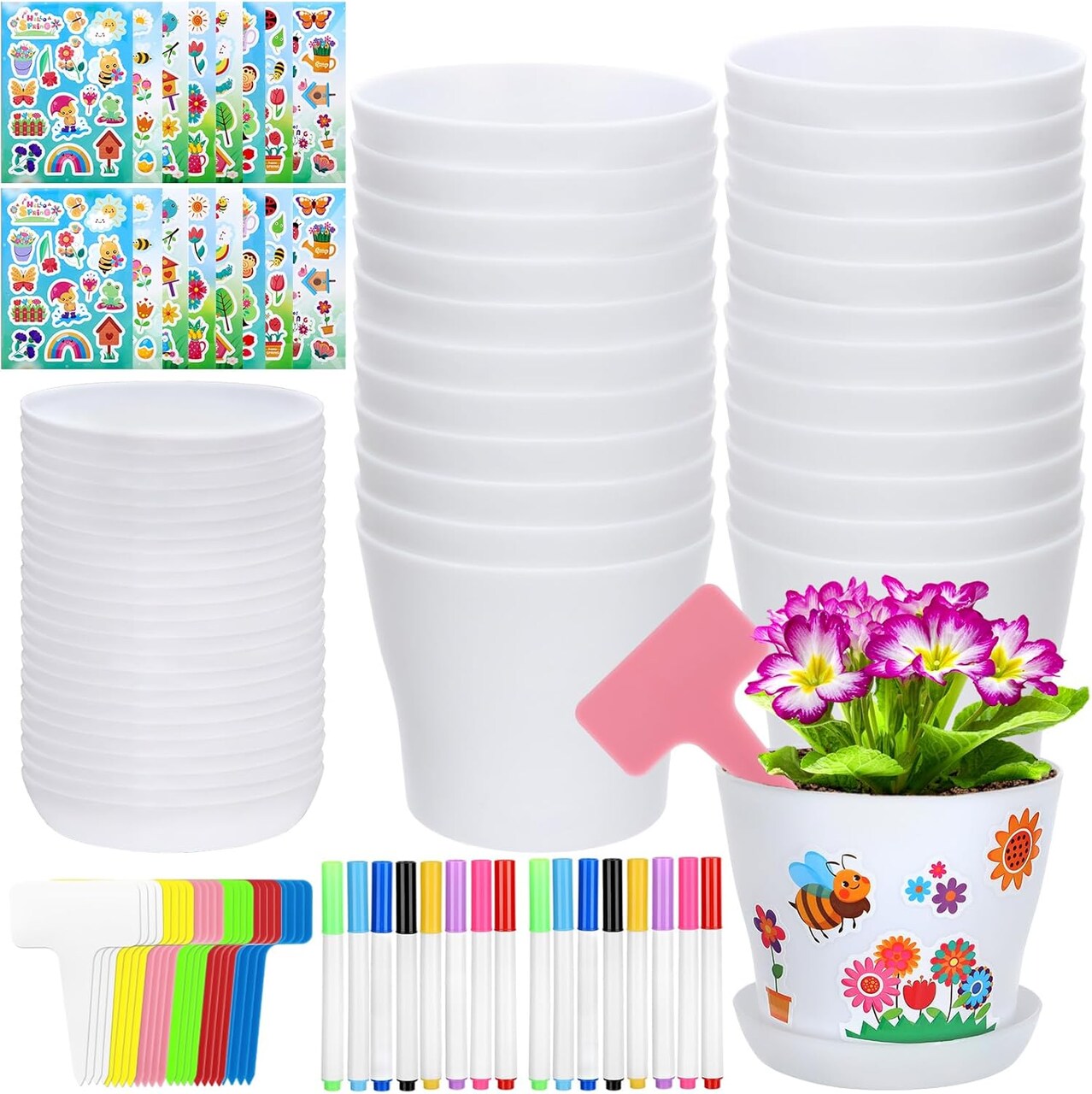 Set Paintable Flower Pot Activity Craft Kit - with Watercolor Pens, Plant Labels, and Stickers – DIY Gardening Gift for Kids, Fun Activity for Boys and Girls